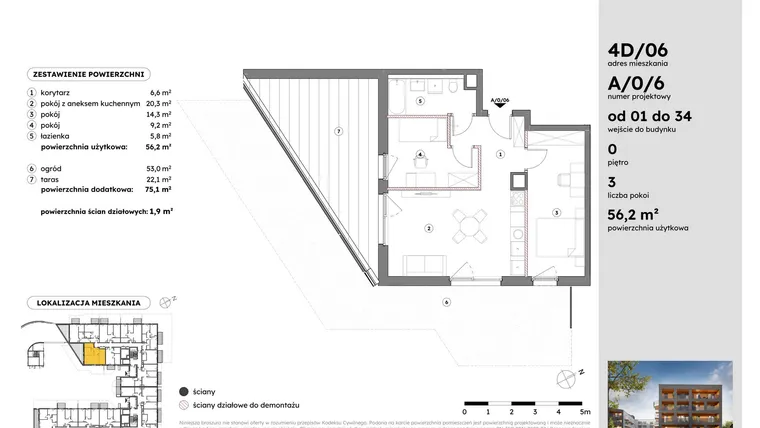 Rzut - Mieszkanie na sprzedaż 3 pokoje o powierzchni 56,27 m² - numer A/0/6 w Osiedle Mateckiego 4ALL