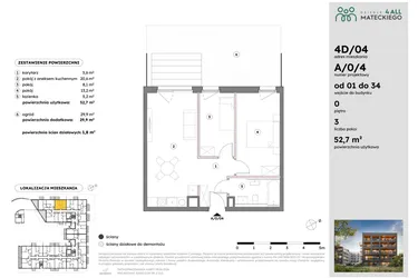 Rzut - Mieszkanie na sprzedaż 3 pokoje o powierzchni 52,71 m² - numer A/0/4 w Osiedle Mateckiego 4ALL