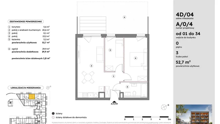 Rzut - Mieszkanie na sprzedaż 3 pokoje o powierzchni 52,71 m² - numer A/0/4 w Osiedle Mateckiego 4ALL