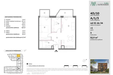 Rzut - Mieszkanie na sprzedaż 3 pokoje o powierzchni 52,9 m² - numer A/1/3 w Osiedle Mateckiego 4ALL