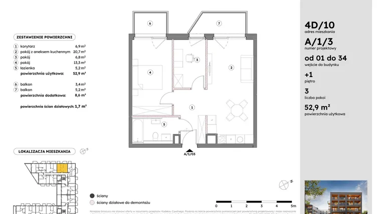 Rzut - Mieszkanie na sprzedaż 3 pokoje o powierzchni 52,9 m² - numer A/1/3 w Osiedle Mateckiego 4ALL