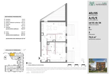 Rzut - Mieszkanie na sprzedaż 2 pokoje o powierzchni 72,03 m² - numer A/0/5 w Osiedle Mateckiego 4ALL