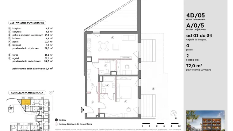 Rzut - Mieszkanie na sprzedaż 2 pokoje o powierzchni 72,03 m² - numer A/0/5 w Osiedle Mateckiego 4ALL
