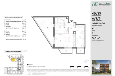Rzut - Mieszkanie na sprzedaż 3 pokoje o powierzchni 56,3 m² - numer A/1/6 w Osiedle Mateckiego 4ALL