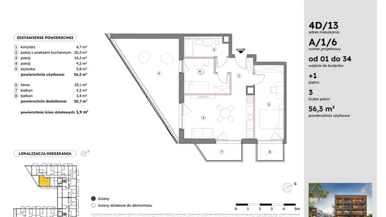 Rzut - Mieszkanie na sprzedaż 3 pokoje o powierzchni 56,3 m² - numer A/1/6 w Osiedle Mateckiego 4ALL
