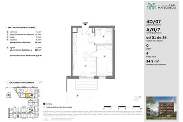 Rzut - Mieszkanie na sprzedaż 2 pokoje o powierzchni 34,85 m² - numer A/0/7 w Osiedle Mateckiego 4ALL
