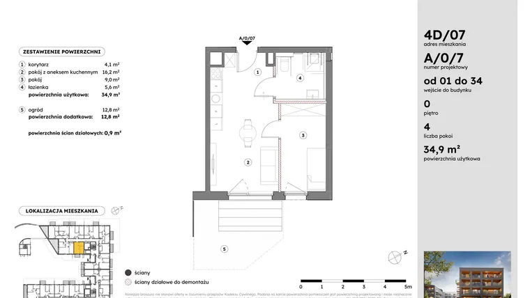 Rzut - Mieszkanie na sprzedaż 2 pokoje o powierzchni 34,85 m² - numer A/0/7 w Osiedle Mateckiego 4ALL