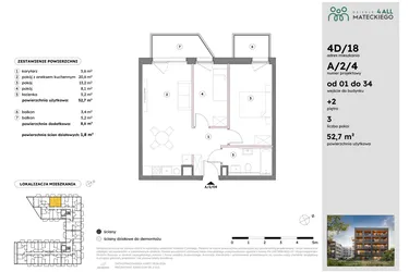 Rzut - Mieszkanie na sprzedaż 3 pokoje o powierzchni 52,71 m² - numer A/2/4 w Osiedle Mateckiego 4ALL