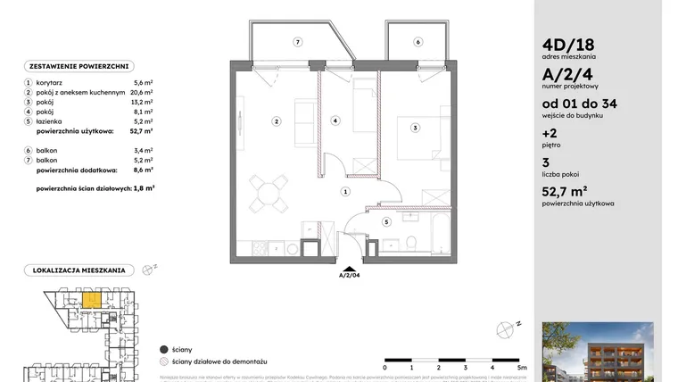 Rzut - Mieszkanie na sprzedaż 3 pokoje o powierzchni 52,71 m² - numer A/2/4 w Osiedle Mateckiego 4ALL