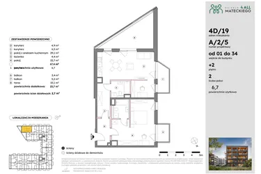 Rzut - Mieszkanie na sprzedaż 2 pokoje o powierzchni 72,06 m² - numer A/2/5 w Osiedle Mateckiego 4ALL