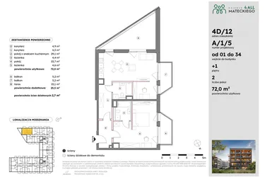 Rzut - Mieszkanie na sprzedaż 2 pokoje o powierzchni 72,06 m² - numer A/1/5 w Osiedle Mateckiego 4ALL