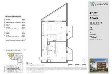 Rzut - Mieszkanie na sprzedaż 2 pokoje o powierzchni 72,06 m² - numer A/3/5 w Osiedle Mateckiego 4ALL