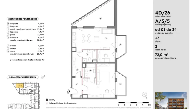 Rzut - Mieszkanie na sprzedaż 2 pokoje o powierzchni 72,06 m² - numer A/3/5 w Osiedle Mateckiego 4ALL