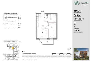 Rzut - Mieszkanie na sprzedaż 2 pokoje o powierzchni 34,85 m² - numer A/1/7 w Osiedle Mateckiego 4ALL