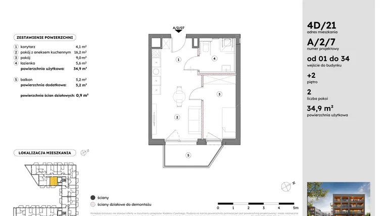 Rzut - Mieszkanie na sprzedaż 2 pokoje o powierzchni 34,85 m² - numer A/2/7 w Osiedle Mateckiego 4ALL