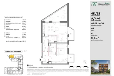 Rzut - Mieszkanie na sprzedaż 2 pokoje o powierzchni 72,06 m² - numer A/4/4 w Osiedle Mateckiego 4ALL