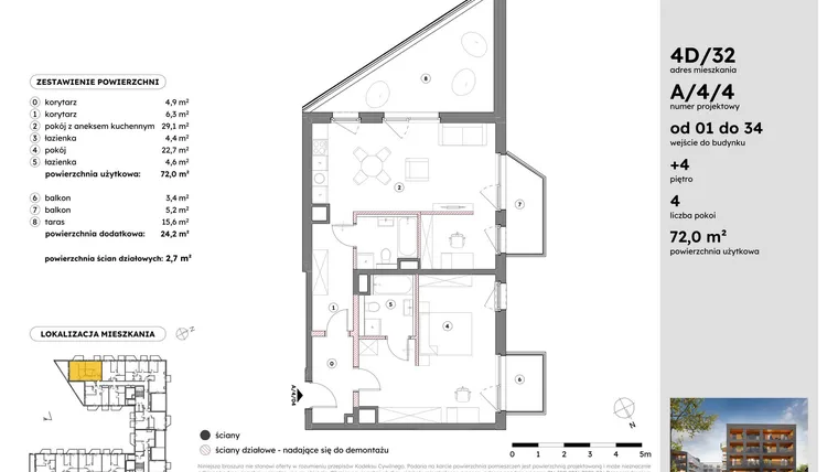 Rzut - Mieszkanie na sprzedaż 2 pokoje o powierzchni 72,06 m² - numer A/4/4 w Osiedle Mateckiego 4ALL