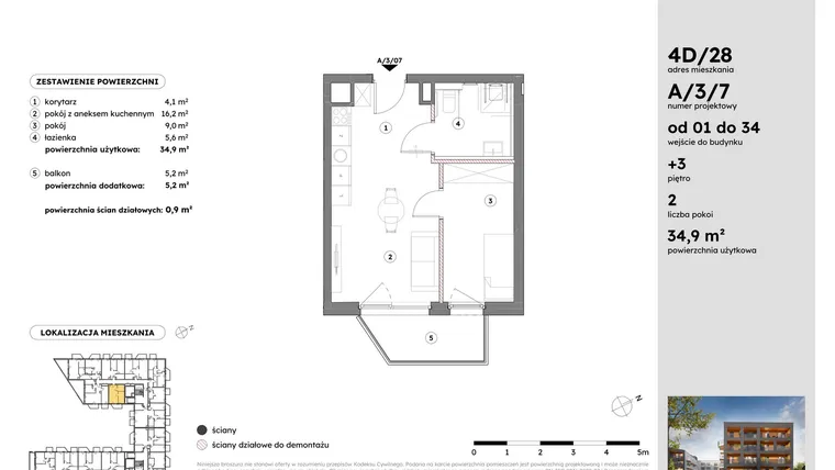 Rzut - Mieszkanie na sprzedaż 2 pokoje o powierzchni 34,85 m² - numer A/3/7 w Osiedle Mateckiego 4ALL