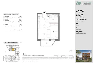 Rzut - Mieszkanie na sprzedaż 2 pokoje o powierzchni 34,85 m² - numer A/4/6 w Osiedle Mateckiego 4ALL