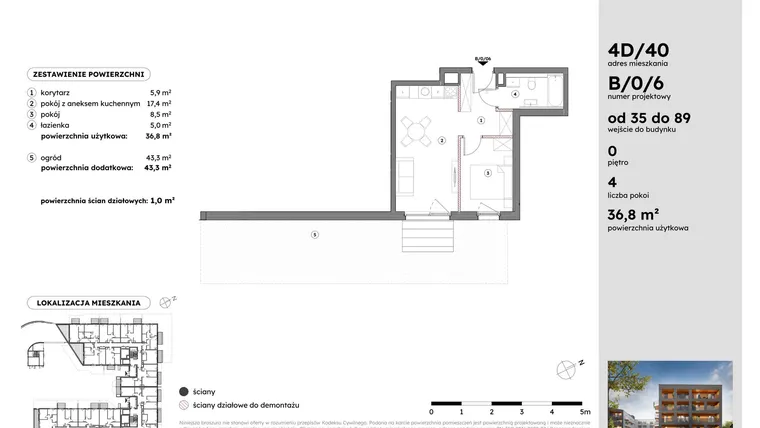 Rzut - Mieszkanie na sprzedaż 2 pokoje o powierzchni 36,77 m² - numer B/0/6 w Osiedle Mateckiego 4ALL