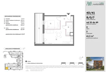 Rzut - Mieszkanie na sprzedaż 2 pokoje o powierzchni 41,55 m² - numer B/0/7 w Osiedle Mateckiego 4ALL