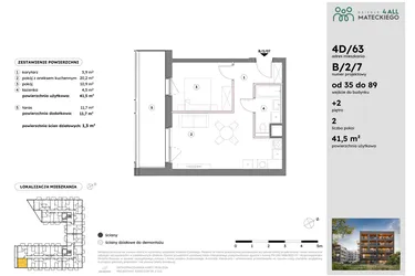 Rzut - Mieszkanie na sprzedaż 2 pokoje o powierzchni 41,55 m² - numer B/2/7 w Osiedle Mateckiego 4ALL