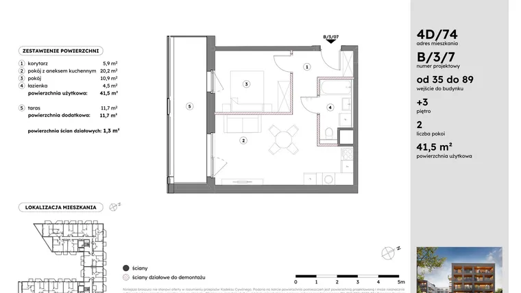 Rzut - Mieszkanie na sprzedaż 2 pokoje o powierzchni 41,55 m² - numer B/3/7 w Osiedle Mateckiego 4ALL