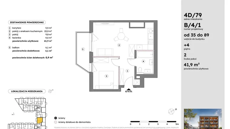 Rzut - Mieszkanie na sprzedaż 2 pokoje o powierzchni 41,9 m² - numer B/4/1 w Osiedle Mateckiego 4ALL