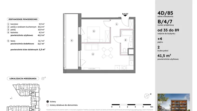 Rzut - Mieszkanie na sprzedaż 2 pokoje o powierzchni 41,55 m² - numer B/4/7 w Osiedle Mateckiego 4ALL