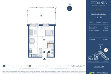 Rzut - Mieszkanie na sprzedaż 1 pokój o powierzchni 40,49 m² - numer I.A.1.11 w GEDANIA Riverside Living