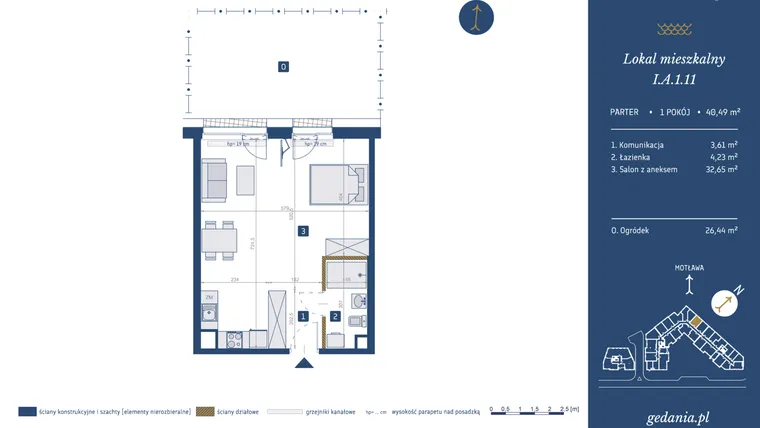 Rzut - Mieszkanie na sprzedaż 1 pokój o powierzchni 40,49 m² - numer I.A.1.11 w GEDANIA Riverside Living