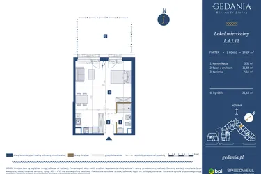 Rzut - Mieszkanie na sprzedaż 1 pokój o powierzchni 39,27 m² - numer I.A.1.12 w GEDANIA Riverside Living