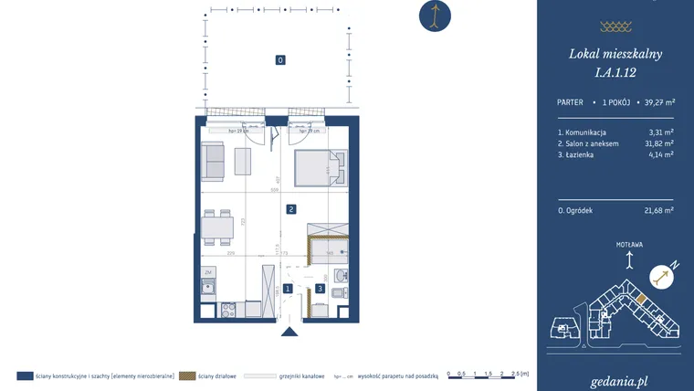 Rzut - Mieszkanie na sprzedaż 1 pokój o powierzchni 39,27 m² - numer I.A.1.12 w GEDANIA Riverside Living