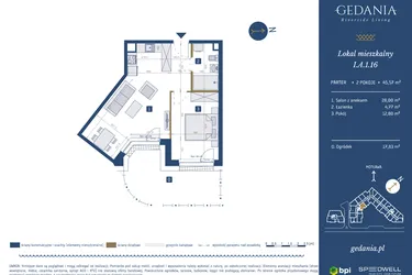 Rzut - Mieszkanie na sprzedaż 2 pokoje o powierzchni 45,57 m² - numer I.A.1.16 w GEDANIA Riverside Living