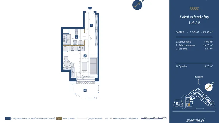 Rzut - Mieszkanie na sprzedaż 1 pokój o powierzchni 25,3 m² - numer I.A.1.2 w GEDANIA Riverside Living