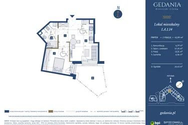 Rzut - Mieszkanie na sprzedaż 2 pokoje o powierzchni 43,99 m² - numer I.A.1.14 w GEDANIA Riverside Living