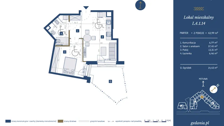 Rzut - Mieszkanie na sprzedaż 2 pokoje o powierzchni 43,99 m² - numer I.A.1.14 w GEDANIA Riverside Living