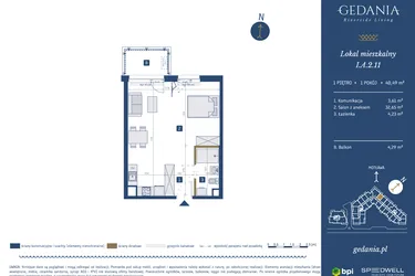 Rzut - Mieszkanie na sprzedaż 1 pokój o powierzchni 40,49 m² - numer I.A.2.11 w GEDANIA Riverside Living
