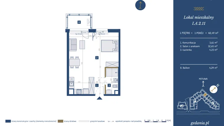 Rzut - Mieszkanie na sprzedaż 1 pokój o powierzchni 40,49 m² - numer I.A.2.11 w GEDANIA Riverside Living