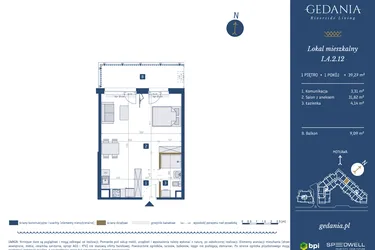 Rzut - Mieszkanie na sprzedaż 1 pokój o powierzchni 39,27 m² - numer I.A.2.12 w GEDANIA Riverside Living