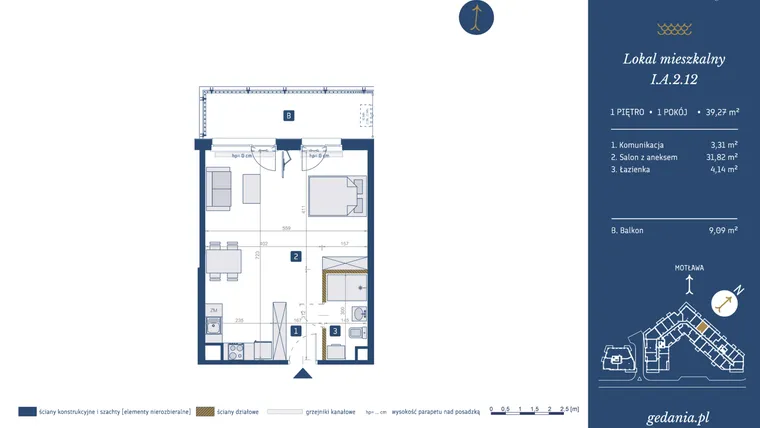 Rzut - Mieszkanie na sprzedaż 1 pokój o powierzchni 39,27 m² - numer I.A.2.12 w GEDANIA Riverside Living