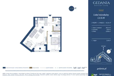 Rzut - Mieszkanie na sprzedaż 2 pokoje o powierzchni 45,76 m² - numer I.A.2.16 w GEDANIA Riverside Living