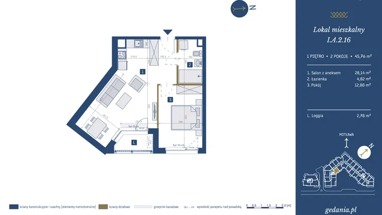 Rzut - Mieszkanie na sprzedaż 2 pokoje o powierzchni 45,76 m² - numer I.A.2.16 w GEDANIA Riverside Living