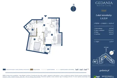 Rzut - Mieszkanie na sprzedaż 2 pokoje o powierzchni 43,99 m² - numer I.A.2.14 w GEDANIA Riverside Living