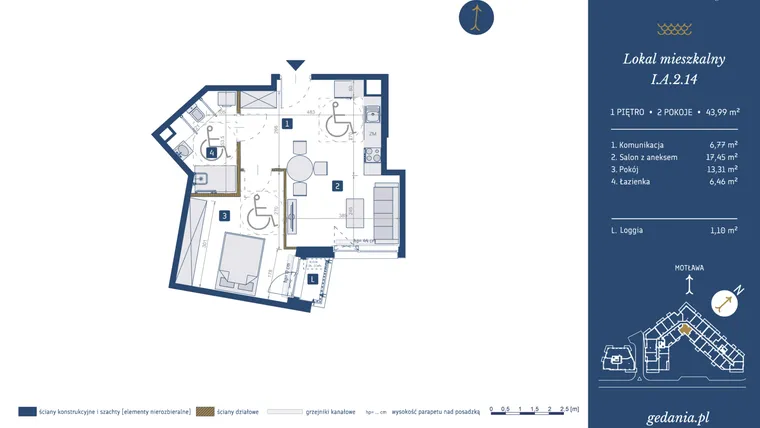 Rzut - Mieszkanie na sprzedaż 2 pokoje o powierzchni 43,99 m² - numer I.A.2.14 w GEDANIA Riverside Living