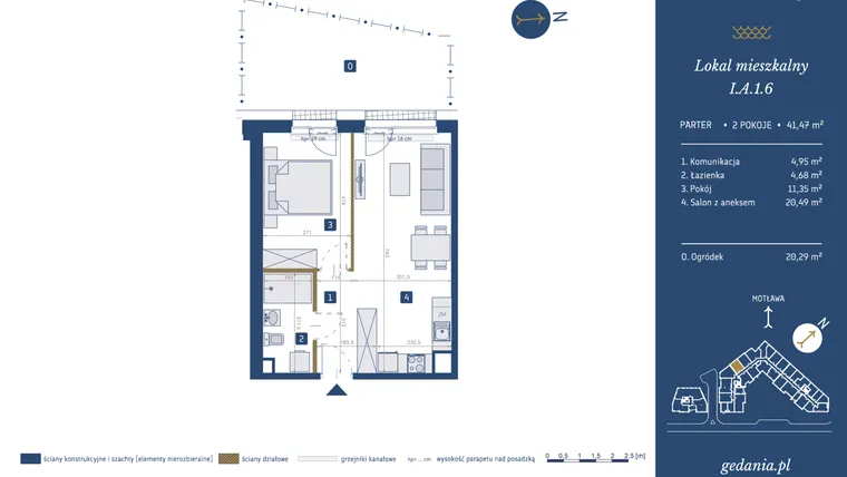 Rzut - Mieszkanie na sprzedaż 2 pokoje o powierzchni 41,47 m² - numer I.A.1.6 w GEDANIA Riverside Living