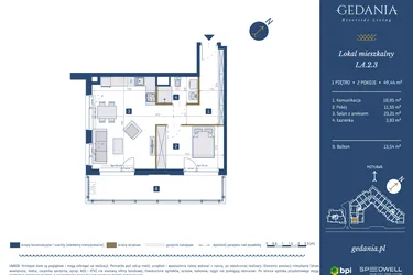 Rzut - Mieszkanie na sprzedaż 2 pokoje o powierzchni 49,44 m² - numer I.A.2.3 w GEDANIA Riverside Living