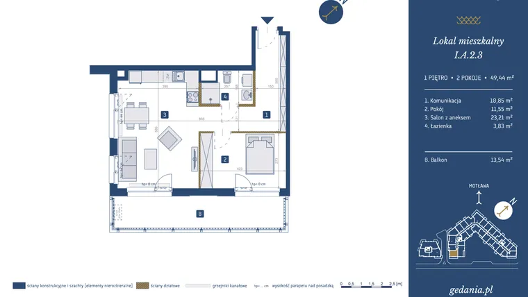 Rzut - Mieszkanie na sprzedaż 2 pokoje o powierzchni 49,44 m² - numer I.A.2.3 w GEDANIA Riverside Living