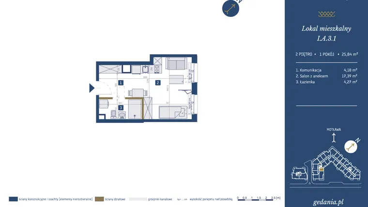Rzut - Mieszkanie na sprzedaż 1 pokój o powierzchni 25,84 m² - numer I.A.3.1 w GEDANIA Riverside Living