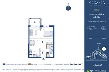 Rzut - Mieszkanie na sprzedaż 1 pokój o powierzchni 39,27 m² - numer I.A.3.12 w GEDANIA Riverside Living
